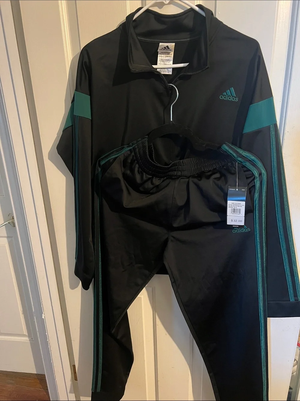 adidas Black Track Jacket and Pants with green  Accents With Tags